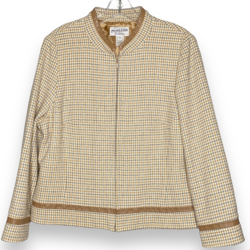 Pendleton Houndstooth Pattern Tan Light Blue Grey… - image 1